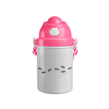 Μυρμήγκια, Ροζ παιδικό παγούρι πλαστικό (BPA-FREE) με καπάκι ασφαλείας, κορδόνι και καλαμάκι, 400ml