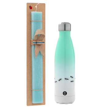 Ants, Easter Set, Metallic green/white thermos (Stainless steel), double-walled, 500ml & scented flat Easter candle (30cm) (TURQUOISE)