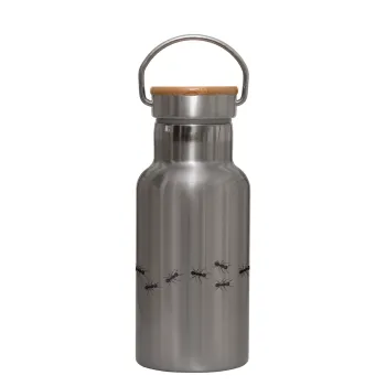 Ants, Stainless steel metallic thermos flask, silver with a bamboo lid, double-walled, 350ml.