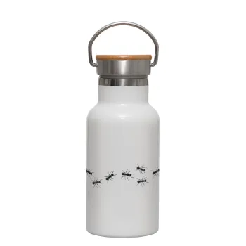 Μυρμήγκια, Μεταλλικό παγούρι θερμός (Stainless steel) Λευκό με ξύλινο καπακι (bamboo), διπλού τοιχώματος, 350ml