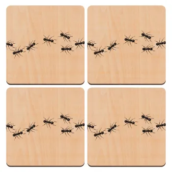 Μυρμήγκια, ΣΕΤ x4 Σουβέρ ξύλινα τετράγωνα plywood (9cm)