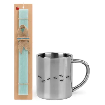 Ants, Easter Set, metallic thermal cup (300ml) & aromatic flat Easter candle (30cm) (TURQUOISE)