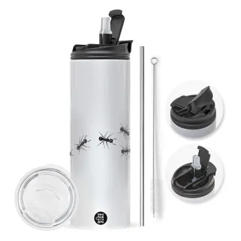 Ants, Travel Tumbler 2 Lids, with metal straw & cleaning brush (Stainless steel 304 Food grade, BPA free, 600ml)