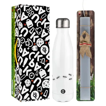 Ants, Easter candle, metallic white thermos bottle (500ml) & aromatic flat candle (30cm) (GRAY)