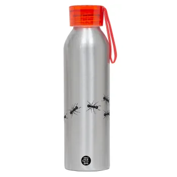 Ants, Aluminum Sports Bottle 650ml – Silver with Red Cap and Silicone Strap