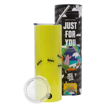 Μυρμήγκια, Neon Yellow Travel Tumbler θερμό, μεταλλικό καλαμάκι(Ανωξείδωτο 304 Food grade, BPA free, 600ml)