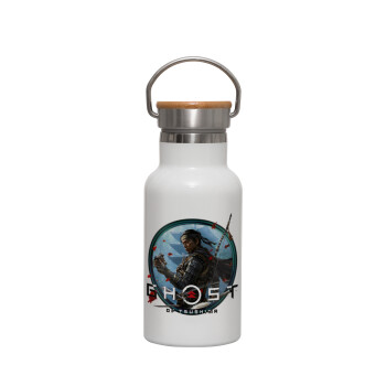 Ghost of Tsushima, Μεταλλικό παγούρι θερμός (Stainless steel) Λευκό με ξύλινο καπακι (bamboo), διπλού τοιχώματος, 350ml