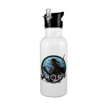 Ghost of Tsushima, White water bottle with straw, stainless steel 600ml