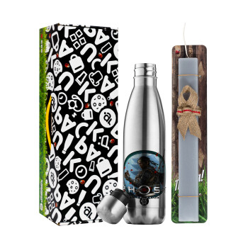 Ghost of Tsushima, Easter Set, metallic stainless thermos flask (500ml) & scented flat Easter candle (30cm) (GRAY)
