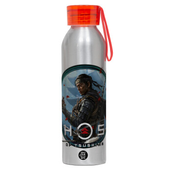 Ghost of Tsushima, Αλουμινένιο Αθλητικό Μπουκάλι 650ml – Ασημί με Κόκκινο Καπάκι και Λουράκι Σιλικόνης