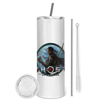 Ghost of Tsushima, Eco friendly stainless steel tumbler 600ml, with metal straw & cleaning brush