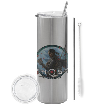 Ghost of Tsushima, Eco friendly stainless steel Silver tumbler 600ml, with metal straw & cleaning brush