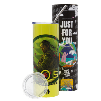 Ghost of Tsushima, Neon Yellow Travel Tumbler, with metal straw (Stainless steel 304 Food grade, BPA free, 600ml)