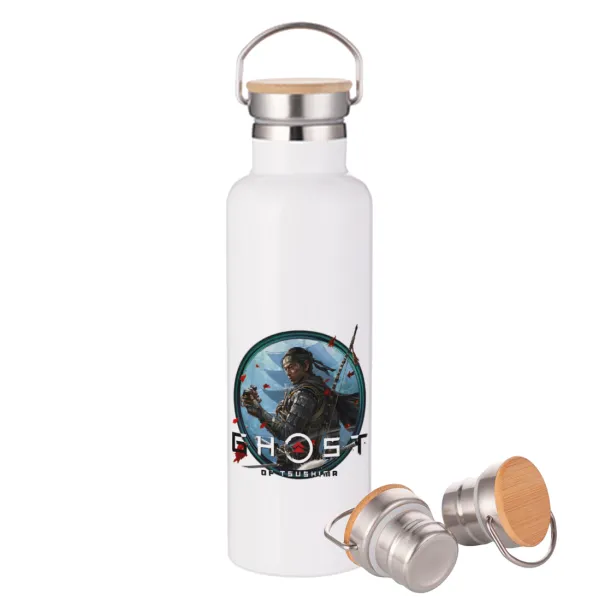Ghost of Tsushima — Stainless steel White with wooden lid (bamboo), double wall, 750ml