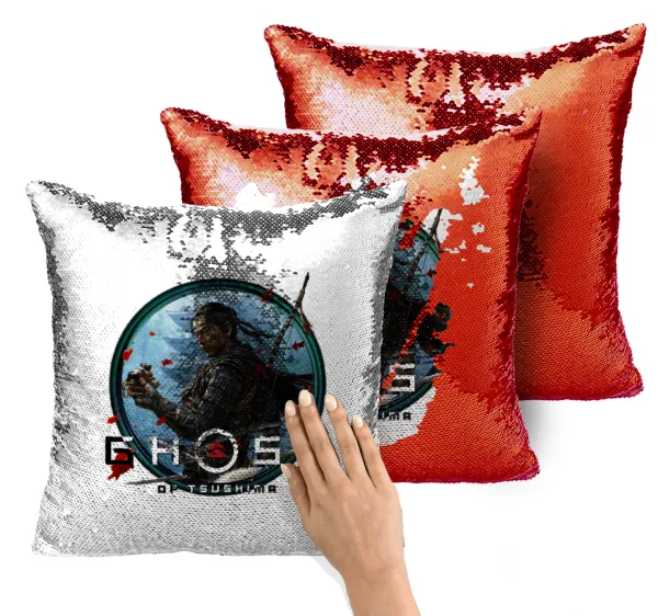 Ghost of Tsushima — Magic sofa cushion with red sequins, 40x40cm, filling included