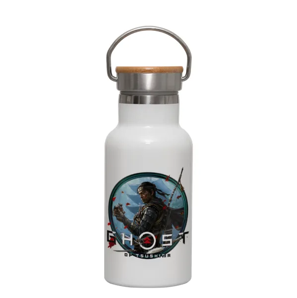 Ghost of Tsushima — Metallic thermos (Stainless steel) White with wooden lid (bamboo), double-walled, 350ml