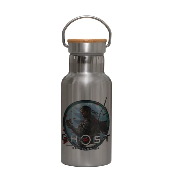 Ghost of Tsushima — Stainless steel metallic thermos flask, silver with a bamboo lid, double-walled, 350ml.