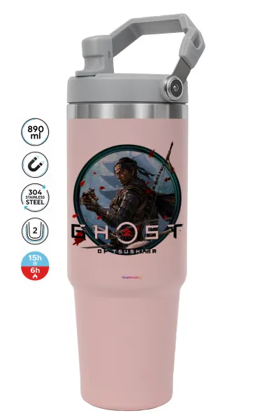 Ghost of Tsushima — ΡΟΖ Travel Tumbler Θερμός με χερούλι και καλαμάκι 890ml