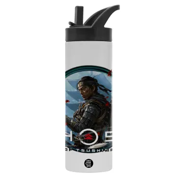 Ghost of Tsushima, Metallic thermos bottle with straw & handle, stainless steel (Stainless steel 304), double-walled, 600ml.