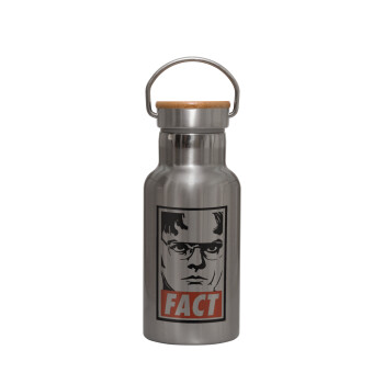 Dunder Mifflin FACT, Stainless steel metallic thermos flask, silver with a bamboo lid, double-walled, 350ml.