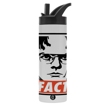 Dunder Mifflin FACT, Metallic thermos bottle with straw & handle, stainless steel (Stainless steel 304), double-walled, 600ml.