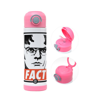 Dunder Mifflin FACT, Παιδικό παγούρι θερμό, ανοξείδωτο, με καλαμάκι ασφαλείας, ΡΟΖ (500ml)