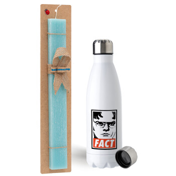 Dunder Mifflin FACT, Easter Set, metallic stainless steel water bottle (750ml) & aromatic flat Easter candle (30cm) (TURQUOISE)