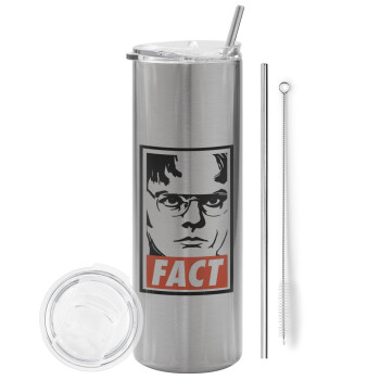 Dunder Mifflin FACT, Eco friendly stainless steel Silver tumbler 600ml, with metal straw & cleaning brush