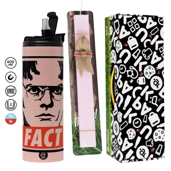 Dunder Mifflin FACT, Πασχαλινή Λαμπάδα με  ΡΟΖ Travel Tumbler θερμό (600ml, BPA free) & κερί αρωματικό πλακέ (30cm) (ΡΟΖ)