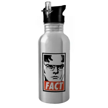 Dunder Mifflin FACT, Παγούρι νερού Ασημένιο με καλαμάκι, ανοξείδωτο ατσάλι 600ml