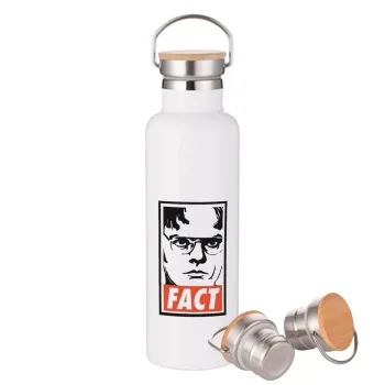 Dunder Mifflin FACT, Μεταλλικό παγούρι θερμός (Stainless steel) Λευκό με ξύλινο καπάκι (bamboo), διπλού τοιχώματος, 750ml