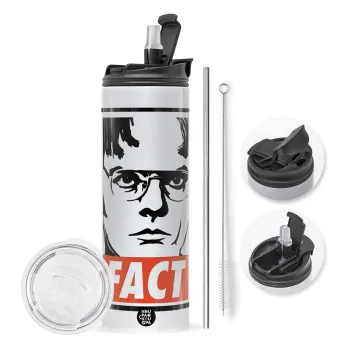 Dunder Mifflin FACT, Travel Tumbler θερμό με διπλό καπάκι, μεταλλικό καλαμάκι και βούρτσα καθαρισμού (Ανωξείδωτο 304 Food grade, BPA free, 600ml)