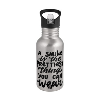 A smile is the prettiest thing you can wear, Water bottle Silver with straw, stainless steel 500ml