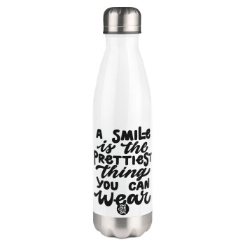 A smile is the prettiest thing you can wear, Μεταλλικό παγούρι θερμός Λευκό (Stainless steel), διπλού τοιχώματος, 500ml