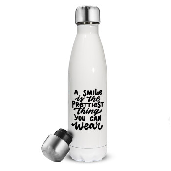 A smile is the prettiest thing you can wear, Metal mug thermos White (Stainless steel), double wall, 500ml