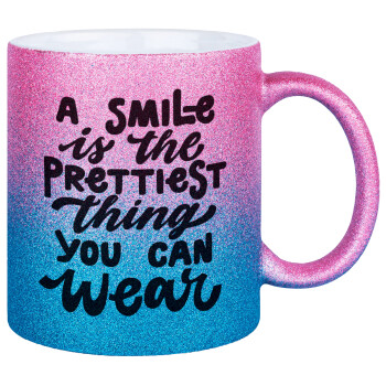 A smile is the prettiest thing you can wear, Κούπα Χρυσή/Μπλε Glitter, κεραμική, 330ml