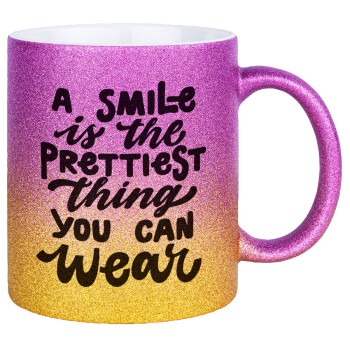 A smile is the prettiest thing you can wear, Κούπα Χρυσή/Ροζ Glitter, κεραμική, 330ml