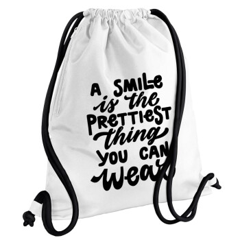 A smile is the prettiest thing you can wear, Backpack pouch GYMBAG white, with pocket (40x48cm) & thick cords
