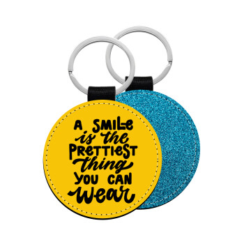 A smile is the prettiest thing you can wear, Μπρελόκ Δερματίνη, στρογγυλό ΜΠΛΕ (5cm)