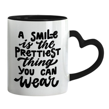 A smile is the prettiest thing you can wear, Mug heart black handle, ceramic, 330ml