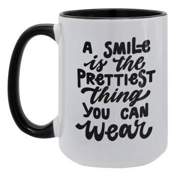 A smile is the prettiest thing you can wear, Κούπα Mega 15oz, κεραμική Μαύρη, 450ml