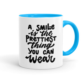 A smile is the prettiest thing you can wear, Mug colored light blue, ceramic, 330ml