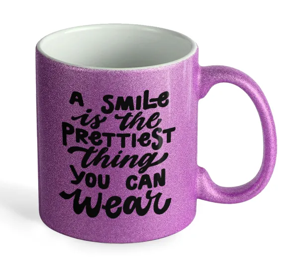 A smile is the prettiest thing you can wear — Purple glitter mug that sparkles, ceramic, 330ml