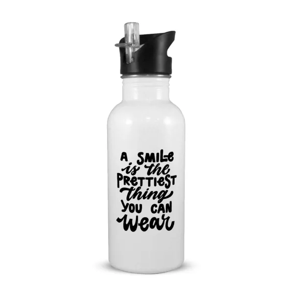 A smile is the prettiest thing you can wear — Παγούρι νερού Λευκό με καλαμάκι, ανοξείδωτο ατσάλι 600ml