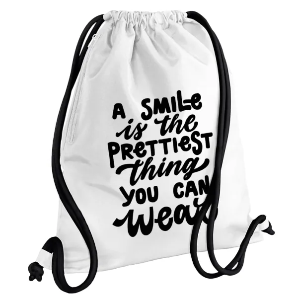 A smile is the prettiest thing you can wear — Τσάντα πλάτης πουγκί GYMBAG λευκή, με τσέπη (40x48cm) & χονδρά κορδόνια