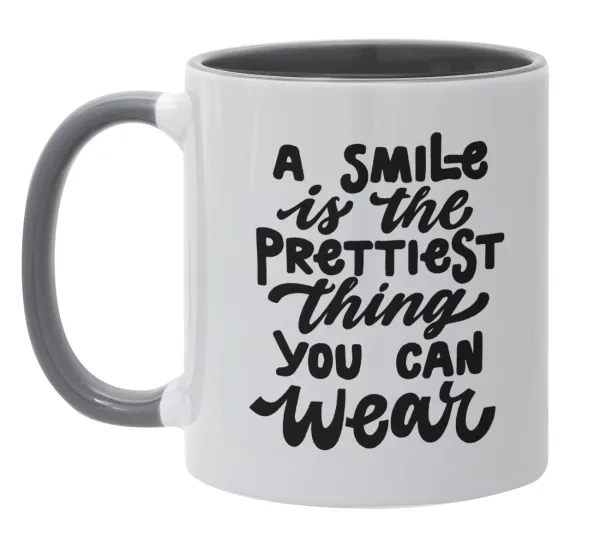 A smile is the prettiest thing you can wear — Κούπα χρωματιστή γκρι, κεραμική, 330ml