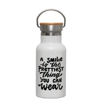 A smile is the prettiest thing you can wear, Metallic thermos (Stainless steel) White with wooden lid (bamboo), double-walled, 350ml