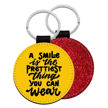 A smile is the prettiest thing you can wear, Μπρελόκ Δερματίνη, στρογγυλό ΚΟΚΚΙΝΟ (5cm)