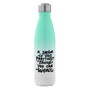 A smile is the prettiest thing you can wear, Metal mug thermos Green/White (Stainless steel), double wall, 500ml
