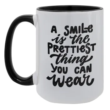 A smile is the prettiest thing you can wear, Κούπα Mega 15oz, κεραμική Μαύρη, 450ml